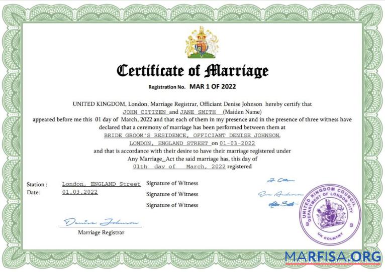 Printable United Kingdom marriage certificate Word and PDF template